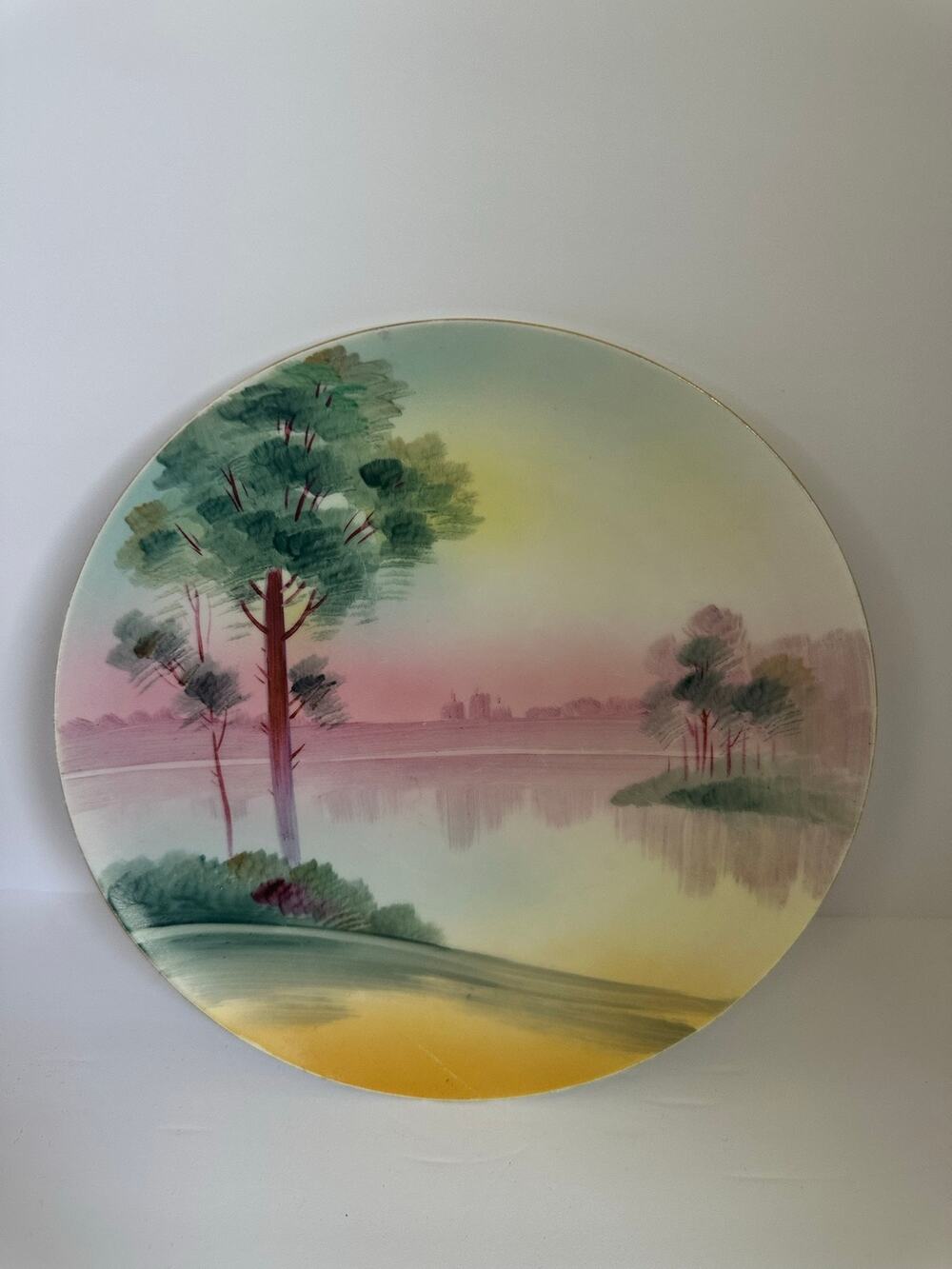 Vintage Meito China Hand Painted Japan 10” Landscape Plate Trees Lake Scenic